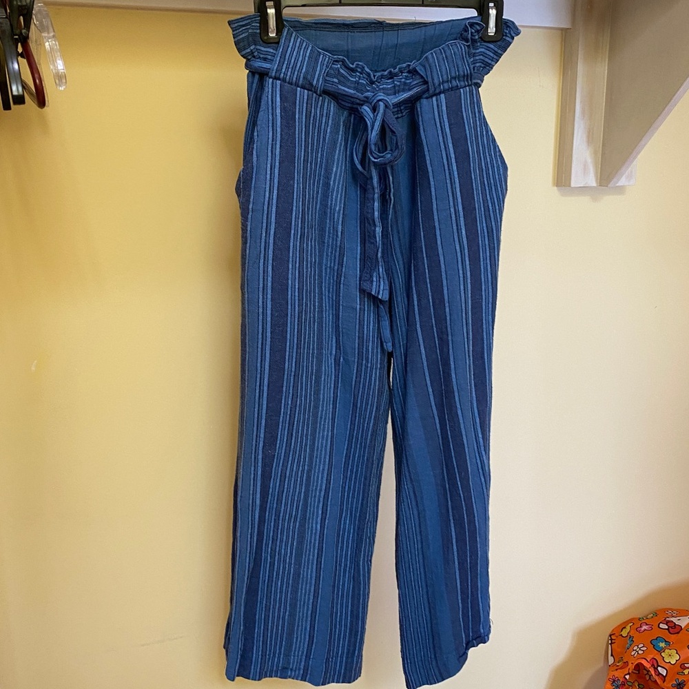 Indigo rein blue stripe tie waist linen pants